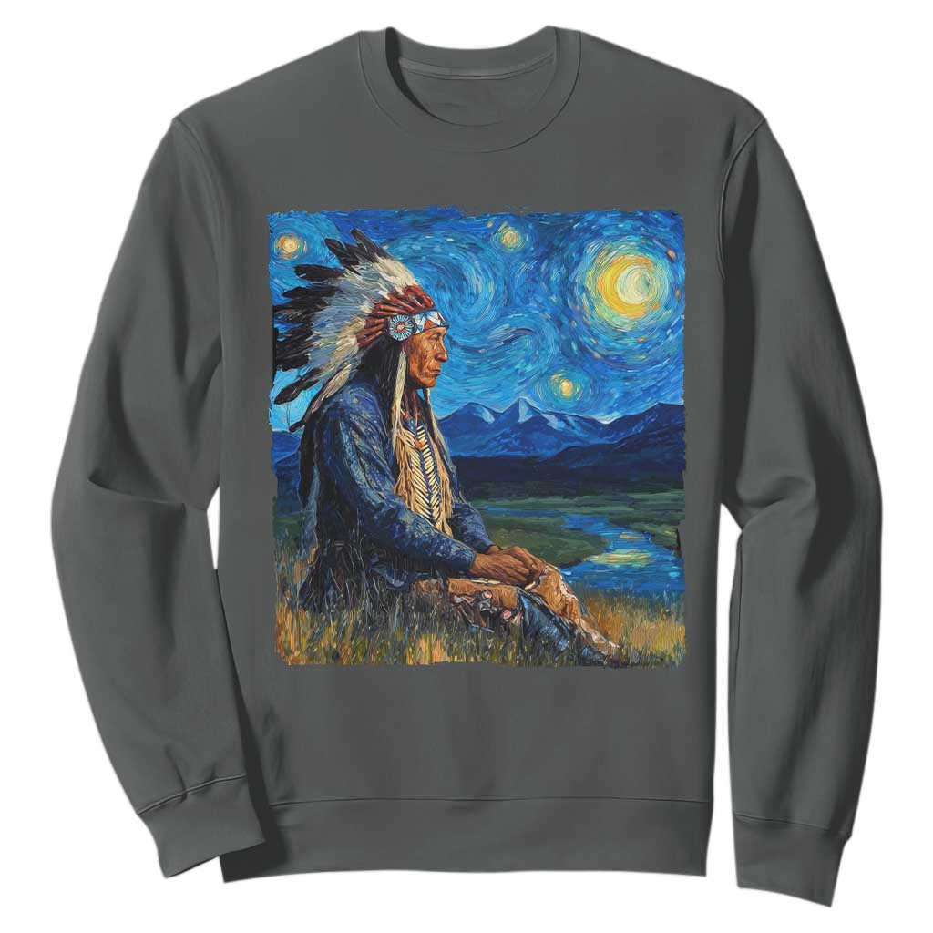 Native American Indian Van Goghs Starry Night Sweatshirt TS11 Dark Heather Print Your Wear