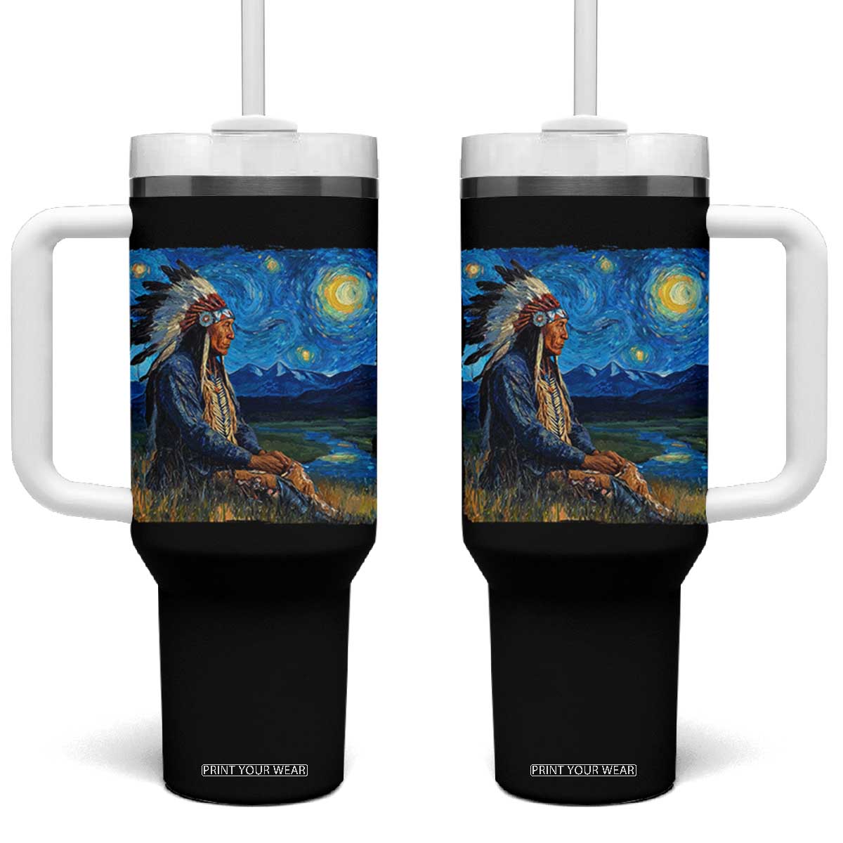 Native American Indian Van Goghs Starry Night Tumbler With Handle TS11 One Size: 40 oz Black Print Your Wear