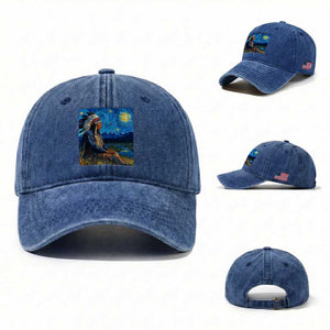 Native American Indian Van Goghs Starry Night Washed Cotton Baseball Cap TS11 Washed Cap Universal Fit Royal Blue Print Your Wear