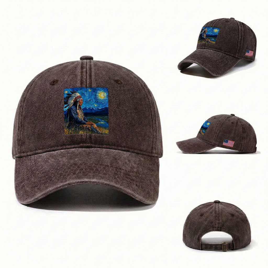 Native American Indian Van Goghs Starry Night Washed Cotton Baseball Cap TS11 Washed Cap Universal Fit Dark Brown Print Your Wear