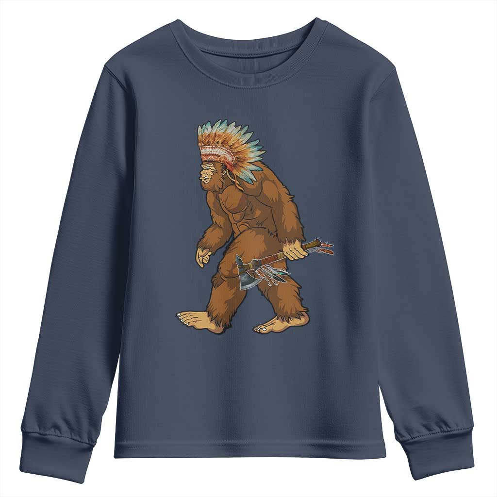 Funny Bigfoot American Indian Native Sasquatch Tomahawk Youth Sweatshirt TS11 Navy Print Your Wear