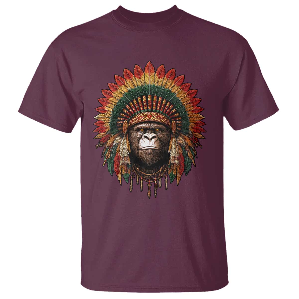 Bigfoot Native American Chief Sasquatch Wearing Headdress T Shirt TS11 Maroon Print Your Wear