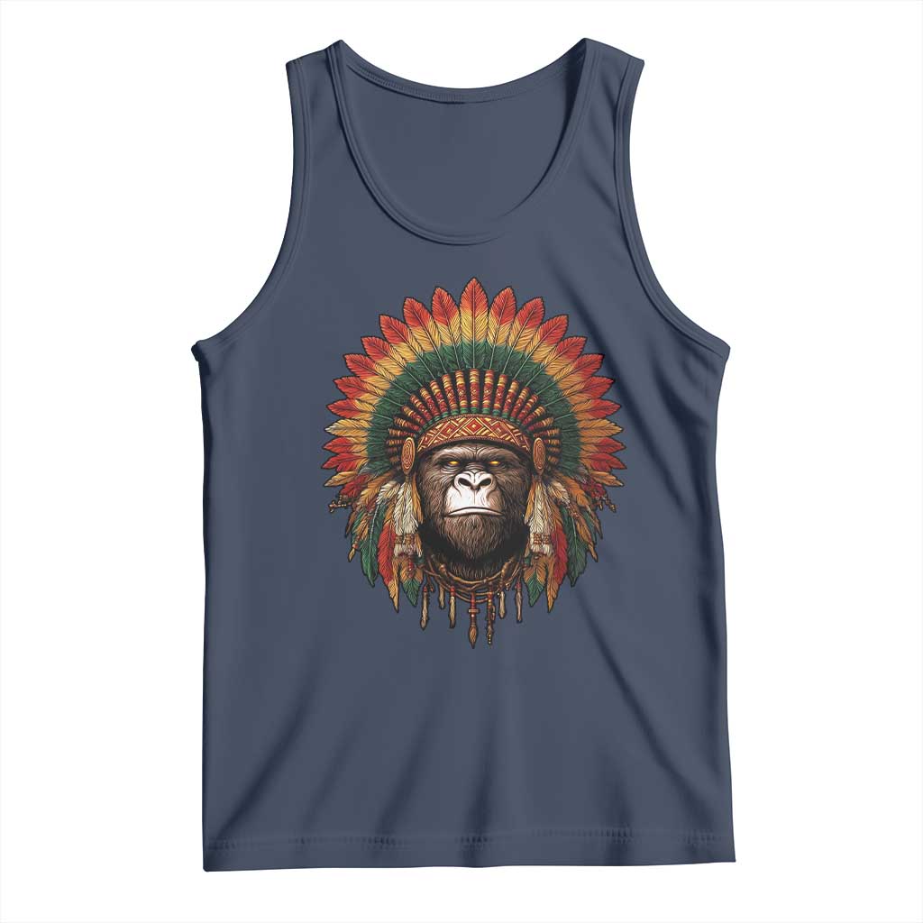 Bigfoot Native American Chief Sasquatch Wearing Headdress Tank Top TS11 Navy Print Your Wear