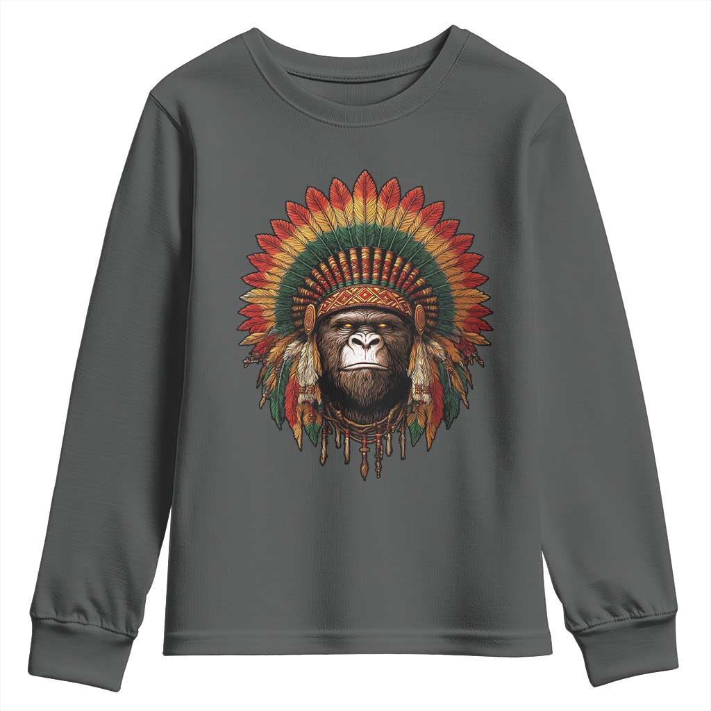 Bigfoot Native American Chief Sasquatch Wearing Headdress Youth Sweatshirt TS11 Dark Heather Print Your Wear