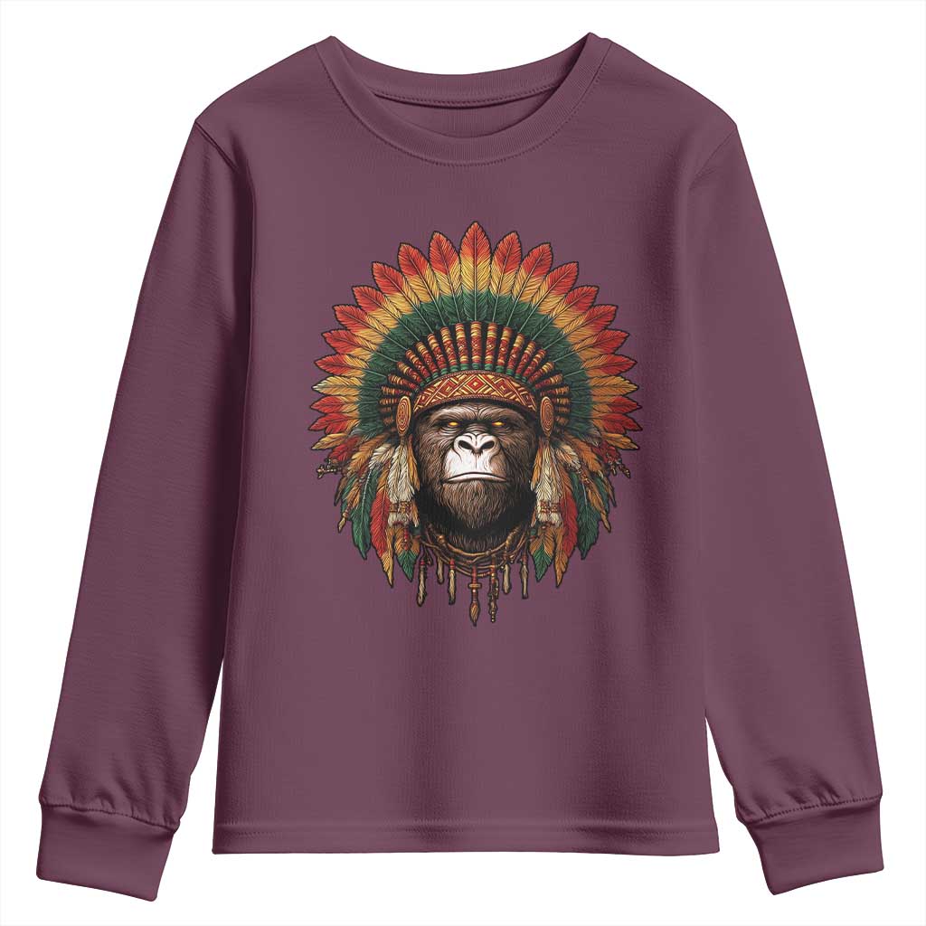 Bigfoot Native American Chief Sasquatch Wearing Headdress Youth Sweatshirt TS11 Maroon Print Your Wear