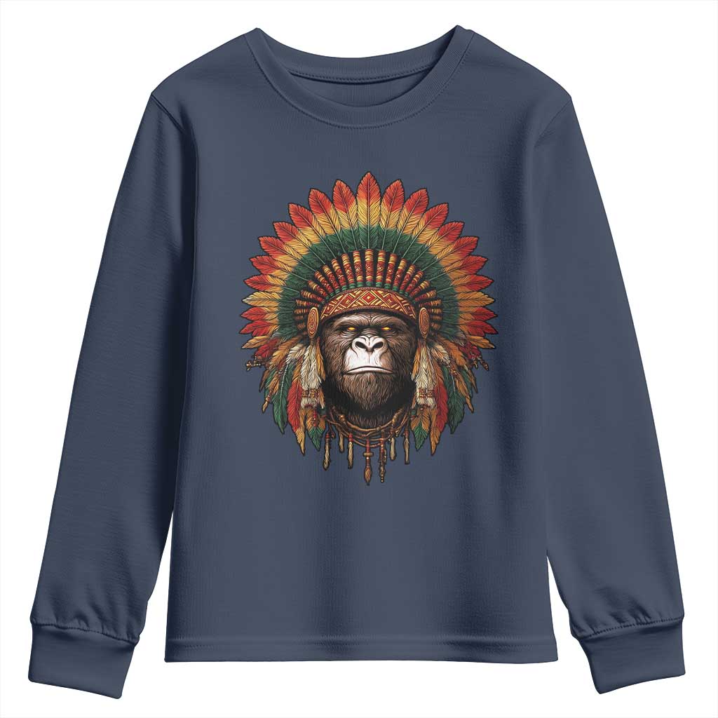 Bigfoot Native American Chief Sasquatch Wearing Headdress Youth Sweatshirt TS11 Navy Print Your Wear