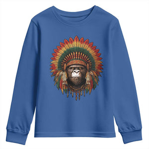 Bigfoot Native American Chief Sasquatch Wearing Headdress Youth Sweatshirt TS11 Royal Blue Print Your Wear
