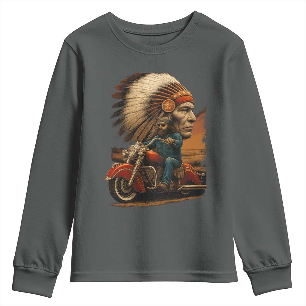 Indian American Rider Youth Sweatshirt Vintage Native American Motorcycle TS11 Dark Heather Print Your Wear