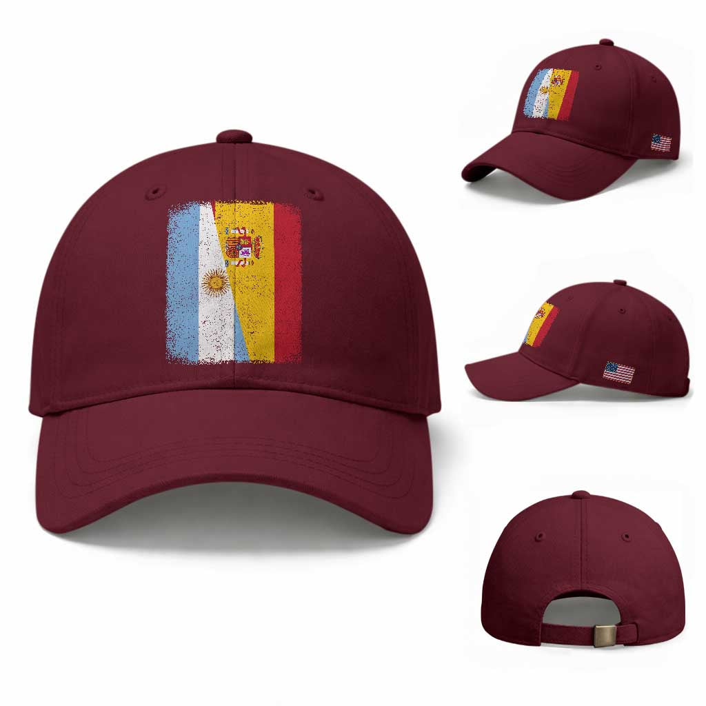 Spain Argentina Half Flag Spanish Argentinian Roots Baseball Cap TS11 Baseball Cap Universal Fit Maroon Print Your Wear