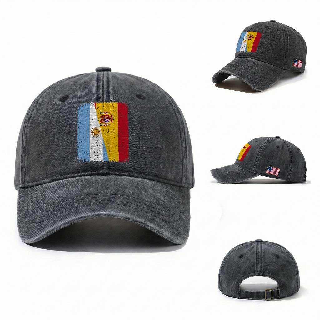 Spain Argentina Half Flag Spanish Argentinian Roots Washed Cotton Baseball Cap TS11 Washed Cap Universal Fit Dark Gray Print Your Wear