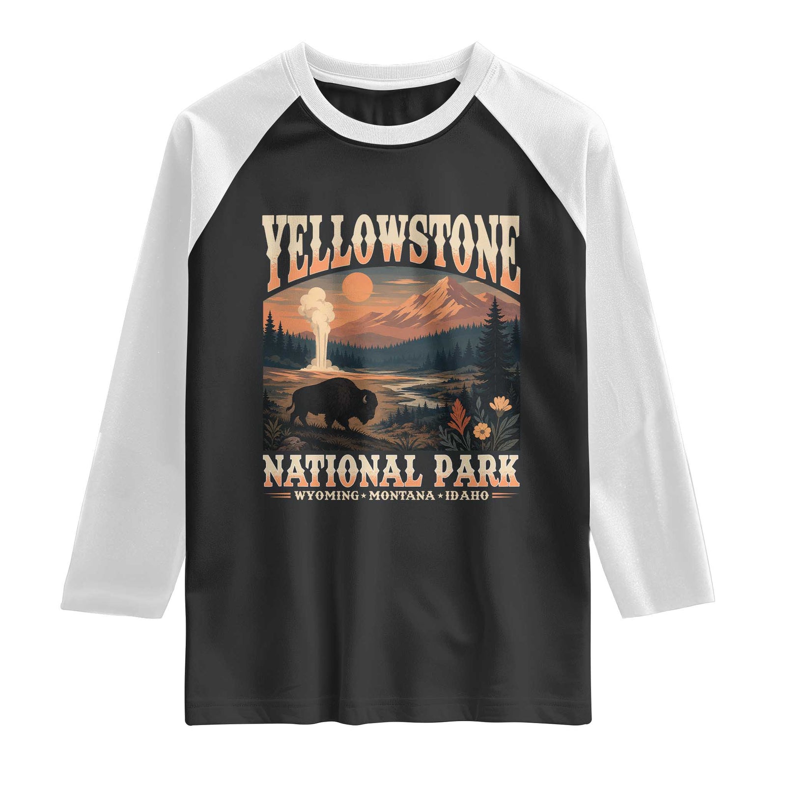 Yellowstone National Park Wyoming Montana Idaho Raglan Shirt Vintage Bison Geyser TS11 Black White Print Your Wear