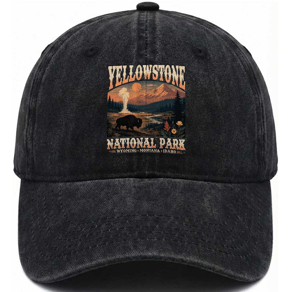Yellowstone National Park Wyoming Montana Idaho Washed Cotton Baseball Cap Vintage Bison Geyser TS11 Print Your Wear