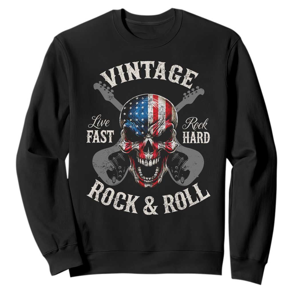 Vintage Rock and Roll Skull Guitar Rocker Sweatshirt Live Fast Rock Hard American Flag TS11 Black Print Your Wear