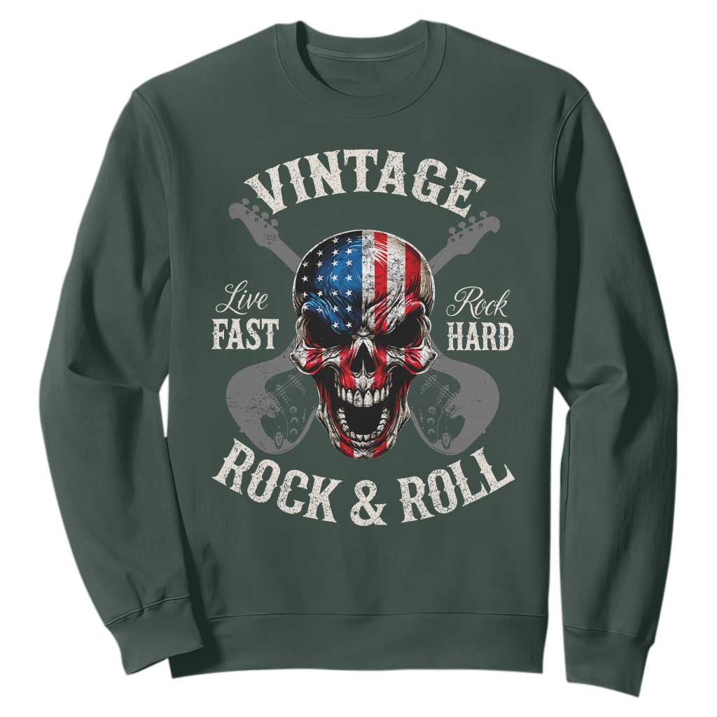 Vintage Rock and Roll Skull Guitar Rocker Sweatshirt Live Fast Rock Hard American Flag TS11 Dark Forest Green Print Your Wear