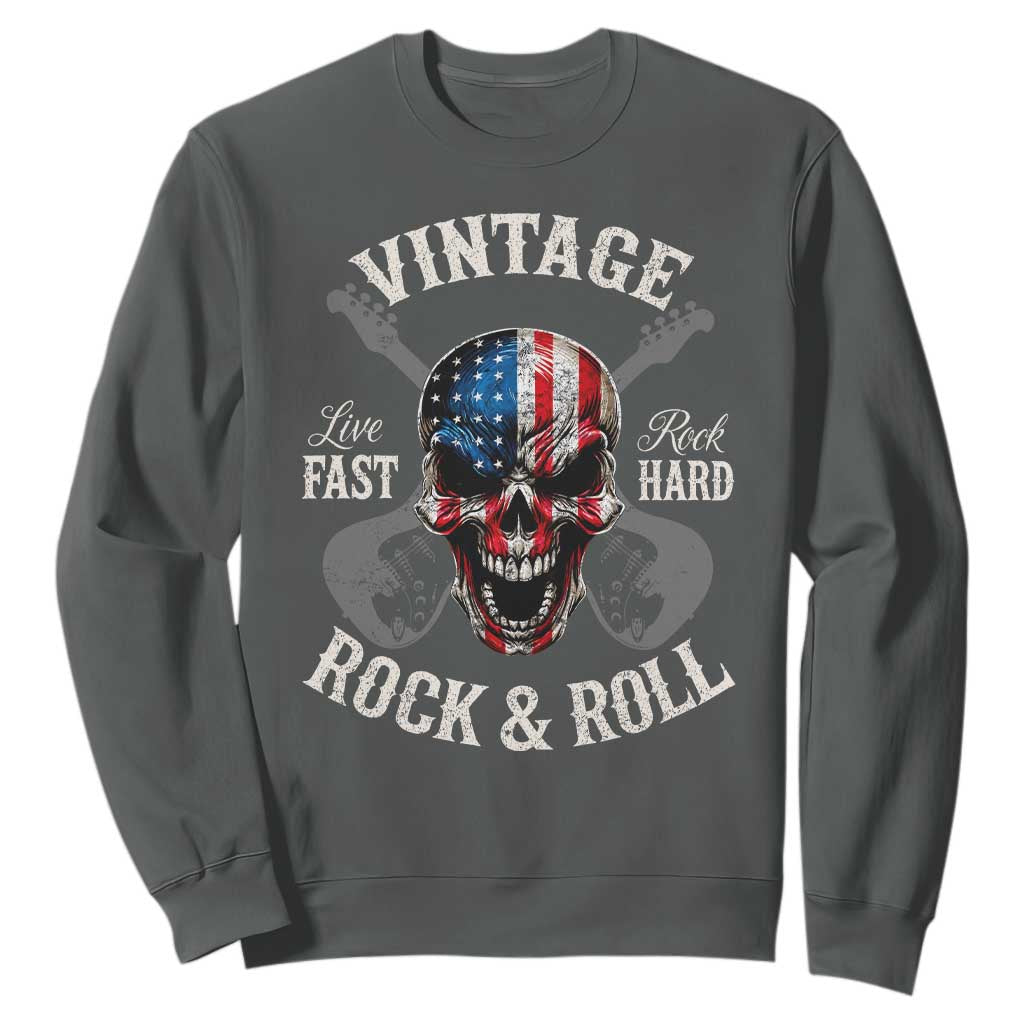 Vintage Rock and Roll Skull Guitar Rocker Sweatshirt Live Fast Rock Hard American Flag TS11 Dark Heather Print Your Wear