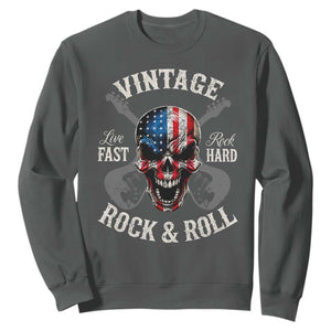 Vintage Rock and Roll Skull Guitar Rocker Sweatshirt Live Fast Rock Hard American Flag TS11 Dark Heather Print Your Wear