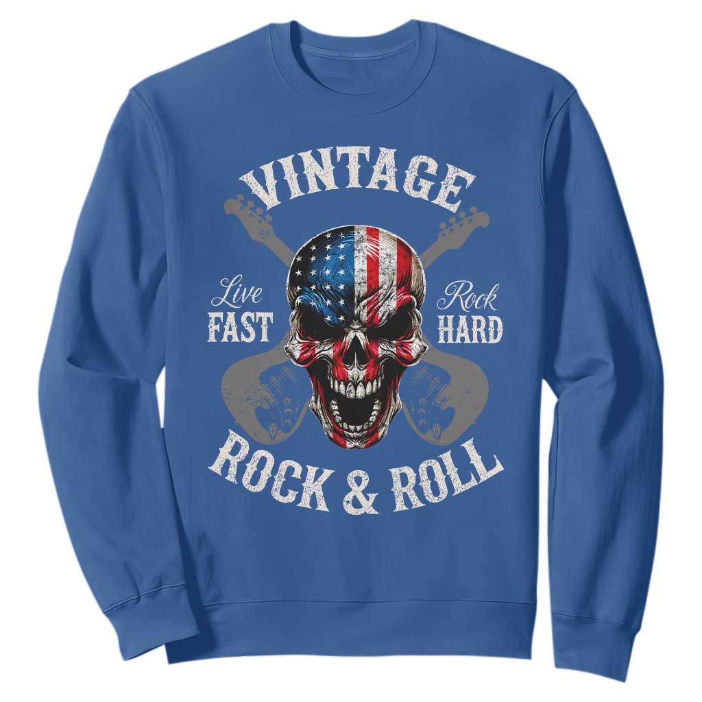 Vintage Rock and Roll Skull Guitar Rocker Sweatshirt Live Fast Rock Hard American Flag TS11 Royal Blue Print Your Wear