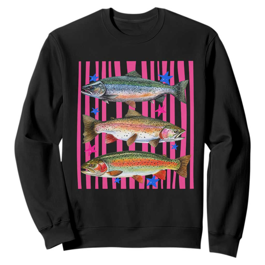 Rainbow Trout Fishing Coastal Summer Sweatshirt Striped Graphic Fisherman Gifts