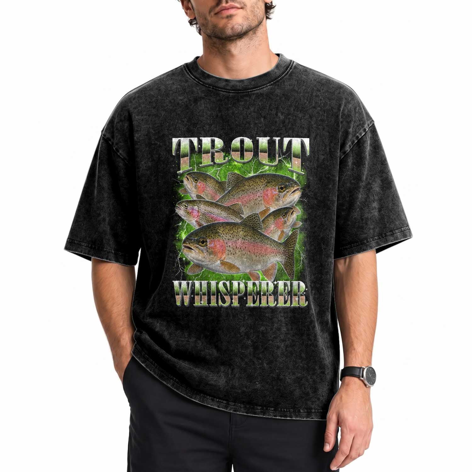 Trout Fish Whisperer Washed Cotton T-Shirt Funny Trout Fishing Fishermen Bootleg Art