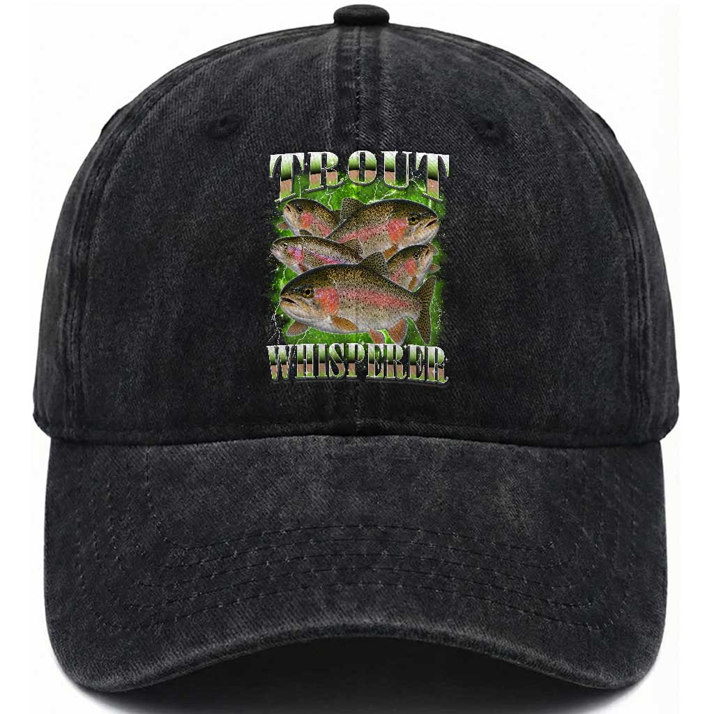 Trout Fish Whisperer Washed Cotton Baseball Cap Funny Trout Fishing Fishermen Bootleg Art