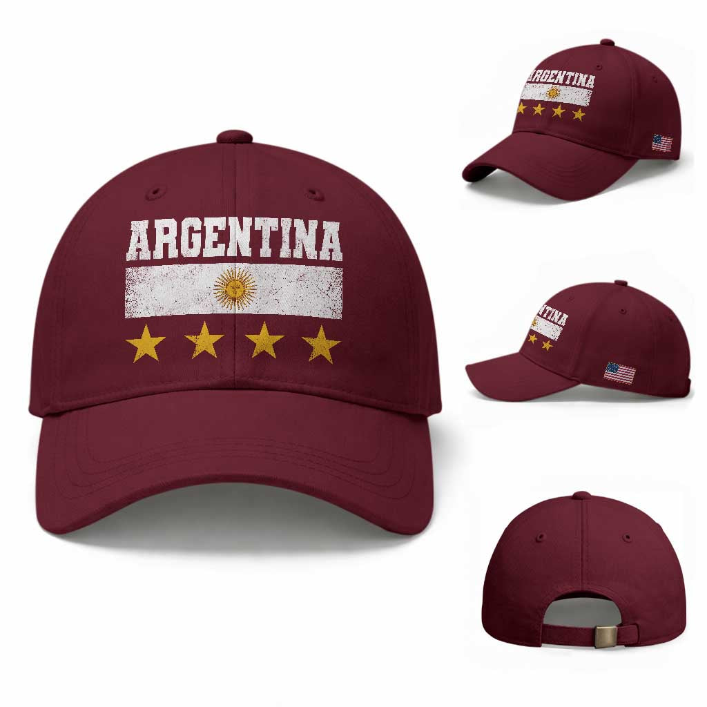 Argentina Champions 2026 4th Star Baseball Cap Vintage Sol De May and Stripes TS11 Baseball Cap Universal Fit Maroon Print Your Wear