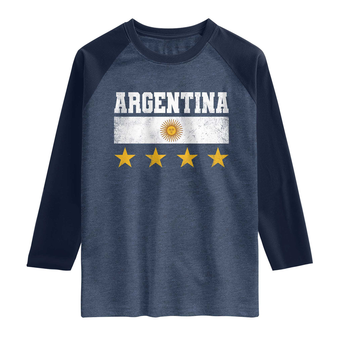 Argentina Champions 2026 4th Star Raglan Shirt Vintage Sol De May and Stripes TS11 Heather Denim Navy Print Your Wear