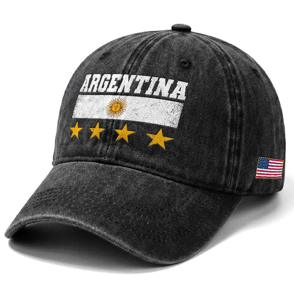 Argentina Champions 2026 4th Star Washed Cotton Baseball Cap Vintage Sol De May and Stripes TS11 Print Your Wear