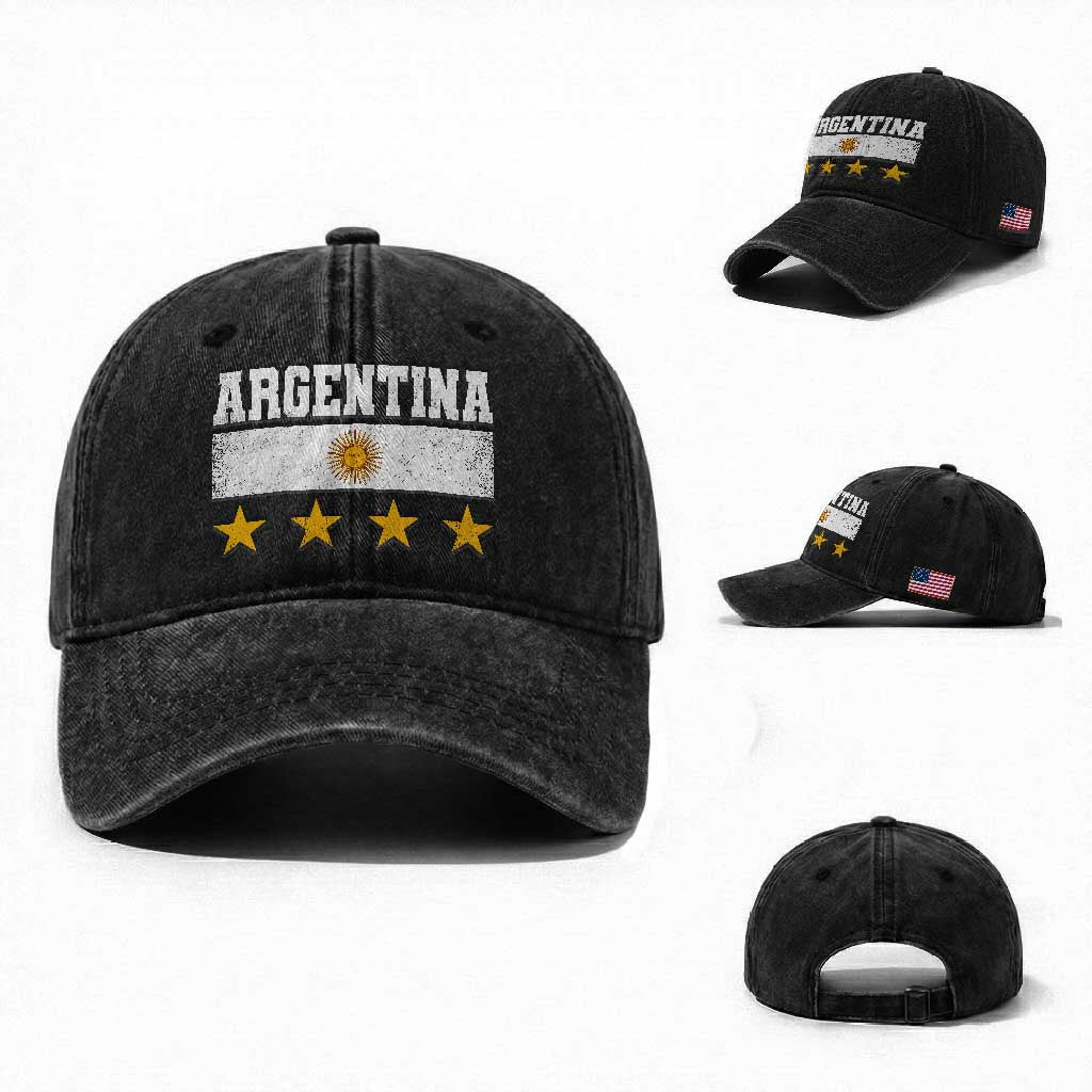 Argentina Champions 2026 4th Star Washed Cotton Baseball Cap Vintage Sol De May and Stripes TS11 Washed Cap Universal Fit Black Print Your Wear