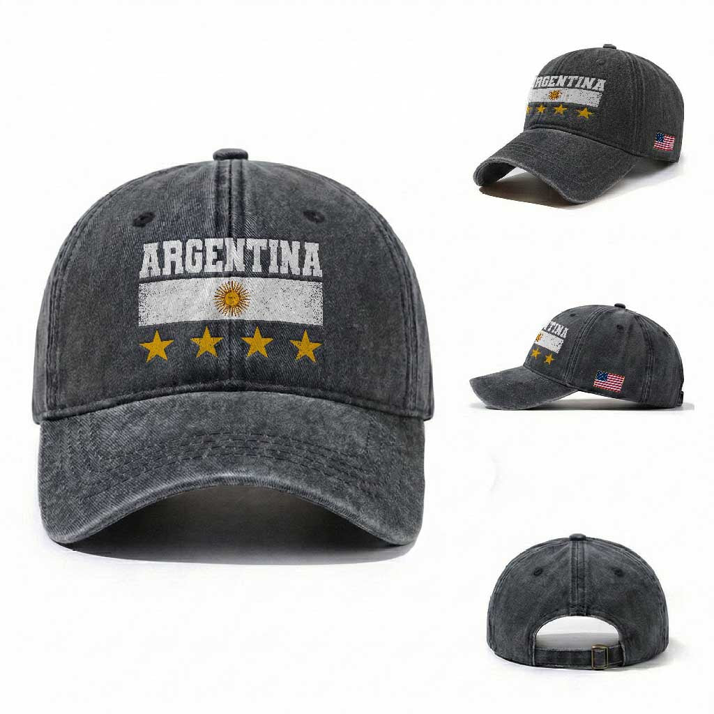 Argentina Champions 2026 4th Star Washed Cotton Baseball Cap Vintage Sol De May and Stripes TS11 Washed Cap Universal Fit Dark Gray Print Your Wear
