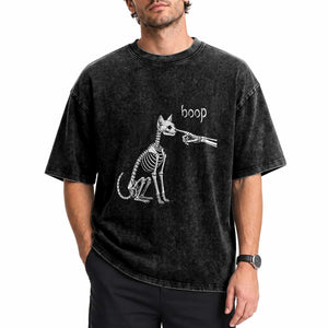 Boop Funny Cat Skeleton Hand Halloween Pet Graphic Washed Cotton T-Shirt