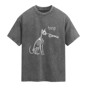 Boop Funny Cat Skeleton Hand Halloween Pet Graphic Washed Cotton T-Shirt