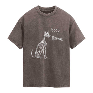 Boop Funny Cat Skeleton Hand Halloween Pet Graphic Washed Cotton T-Shirt
