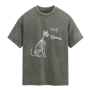 Boop Funny Cat Skeleton Hand Halloween Pet Graphic Washed Cotton T-Shirt
