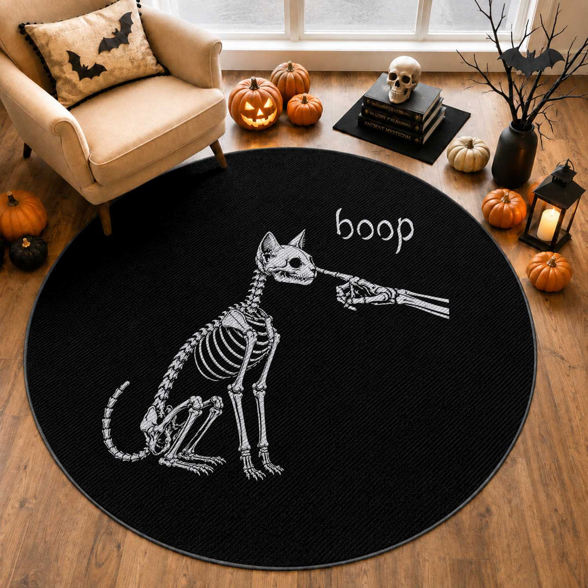 Boop Funny Cat Skeleton Hand Halloween Pet Graphic Round Rug