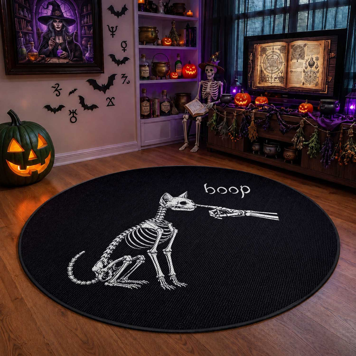 Boop Funny Cat Skeleton Hand Halloween Pet Graphic Round Rug