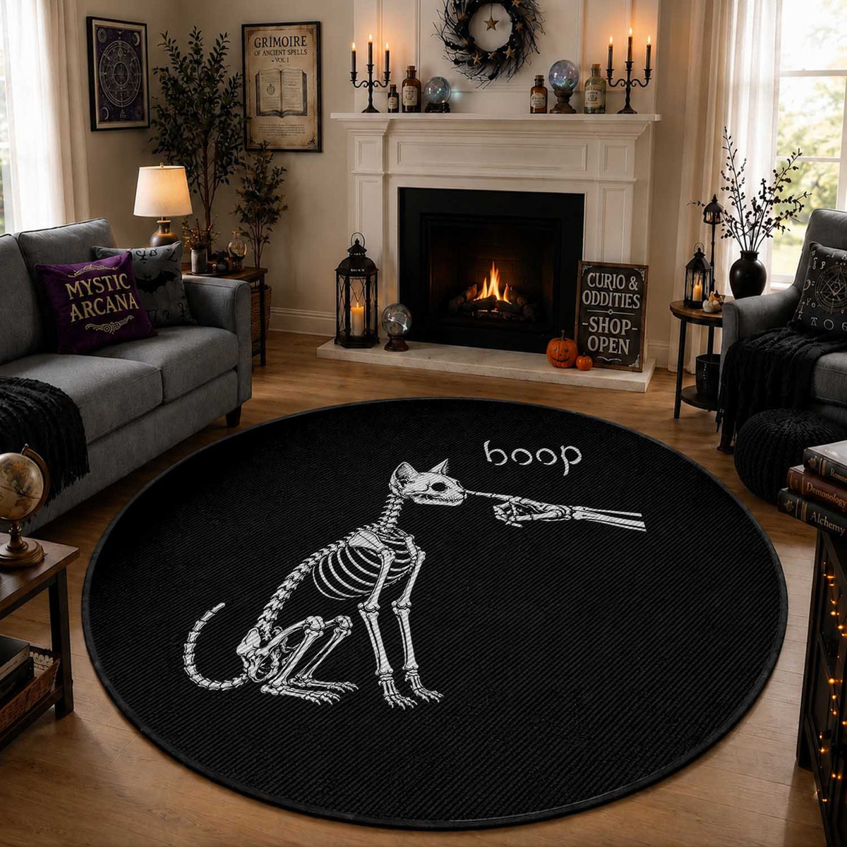 Boop Funny Cat Skeleton Hand Halloween Pet Graphic Round Rug