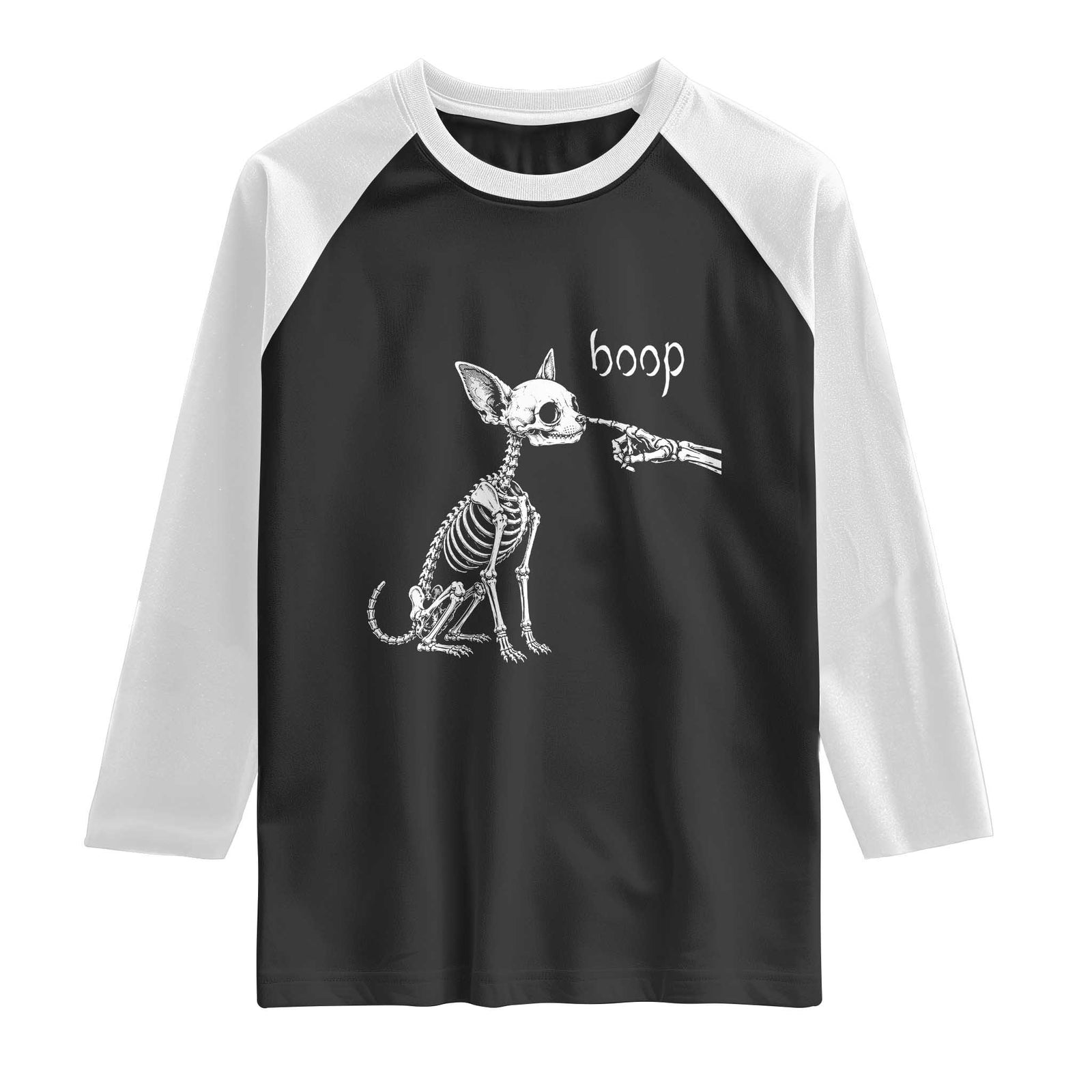 Boop Funny Chihuahua Dog Skeleton Hand Halloween Pet Graphic Raglan Shirt