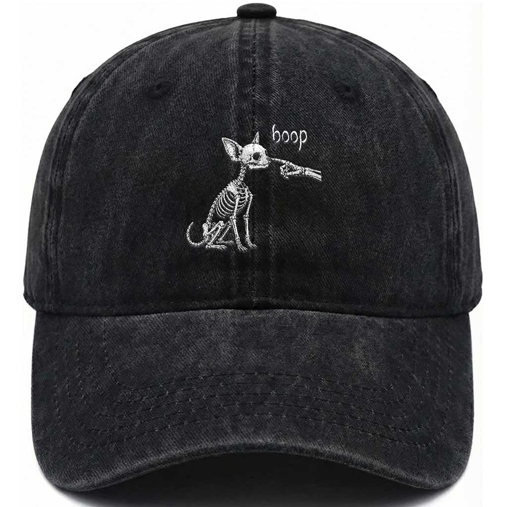 Boop Funny Chihuahua Dog Skeleton Hand Halloween Pet Graphic Washed Cotton Baseball Cap