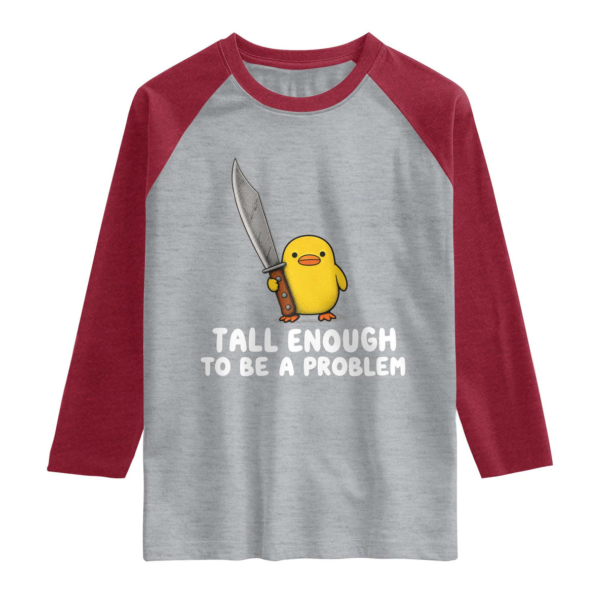 Tall Enough To Be A Problem Funny Duck with Giant Knife Raglan Shirt TS11 Heather Gray Heather Red Print Your Wear