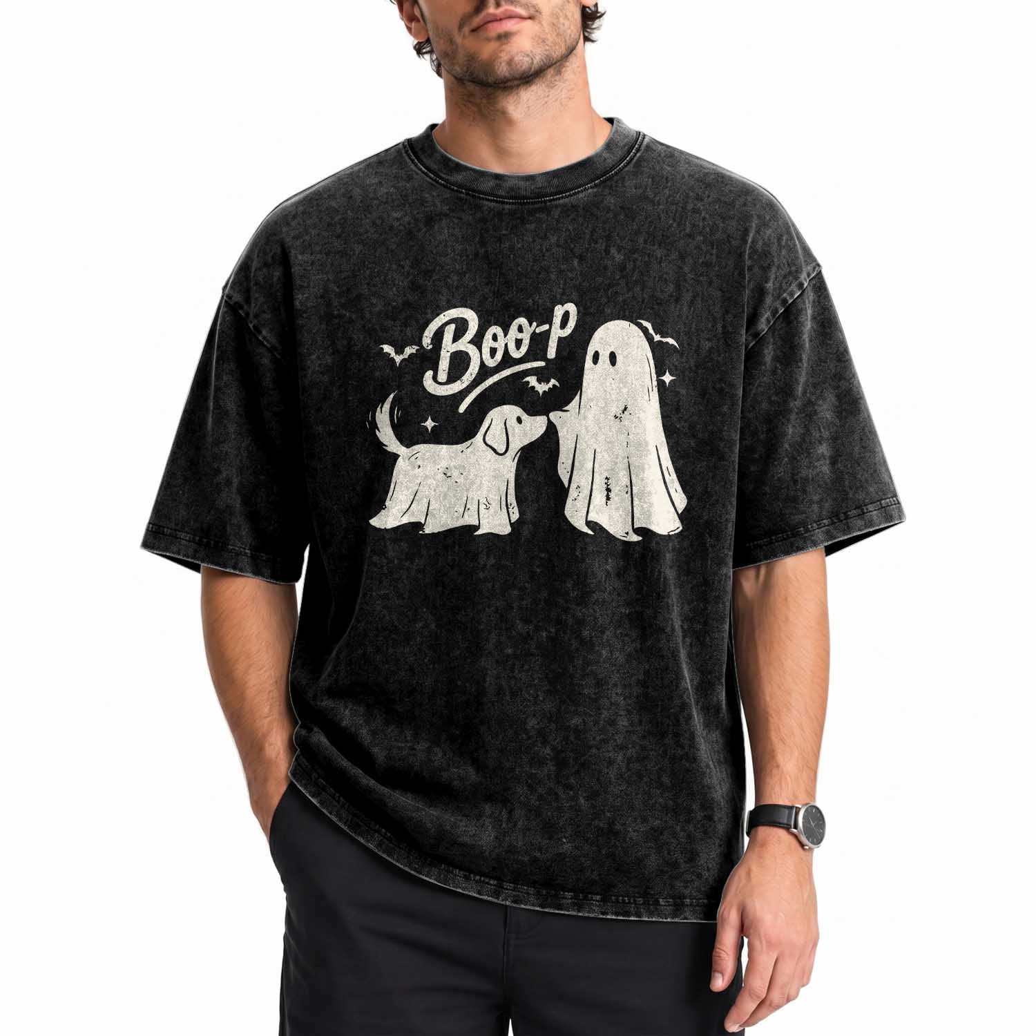 Funny Boo Boop Dog Ghost Halloween Washed Cotton T-Shirt Dog Lovers Gifts