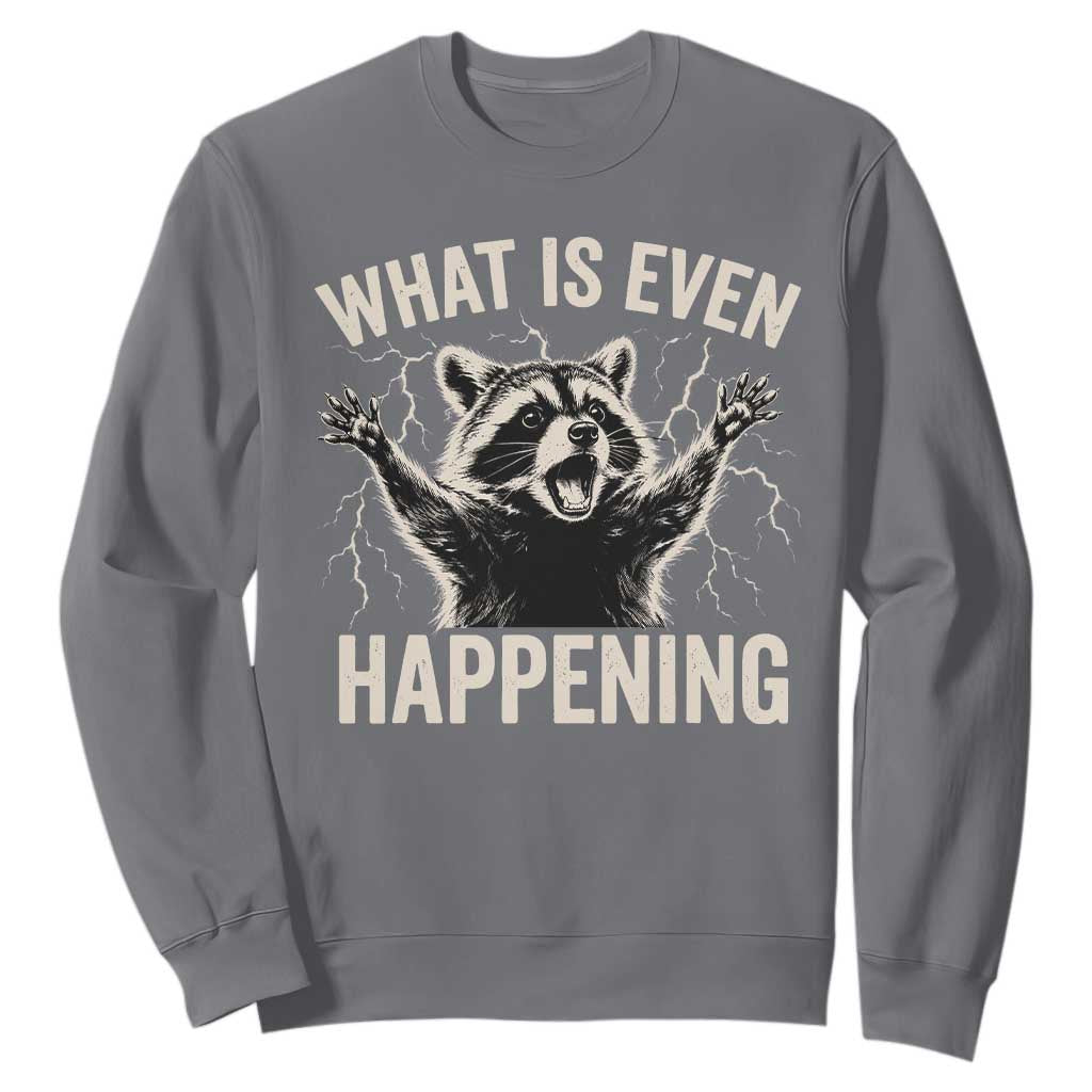 What Is Even Happening Funny Raccoon Sweatshirt Screaming Trash Panda Meme Storm TS11 Charcoal Print Your Wear