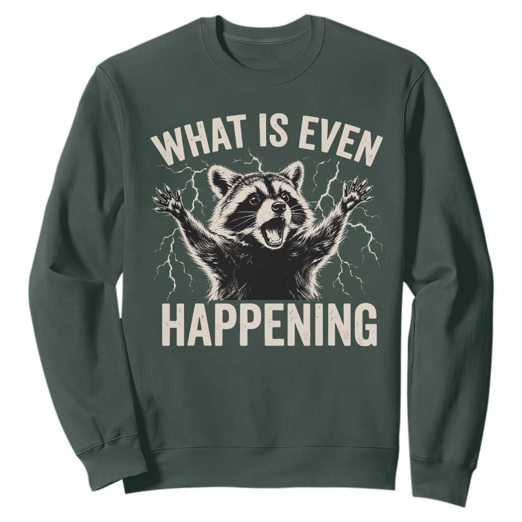 What Is Even Happening Funny Raccoon Sweatshirt Screaming Trash Panda Meme Storm TS11 Dark Forest Green Print Your Wear