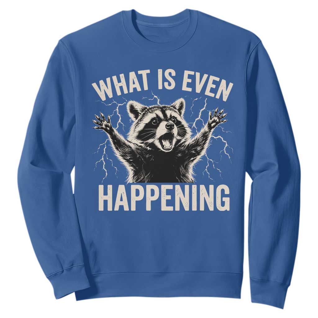 What Is Even Happening Funny Raccoon Sweatshirt Screaming Trash Panda Meme Storm TS11 Royal Blue Print Your Wear