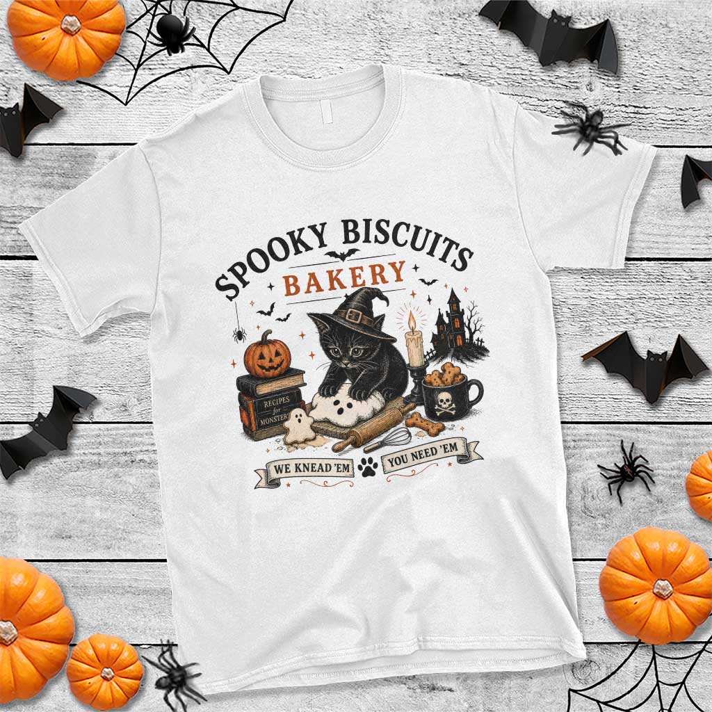 Funny Spooky Biscuits Bakery Cat Halloween T Shirt We Knead Em You Need Em Pastry Kitten Lover