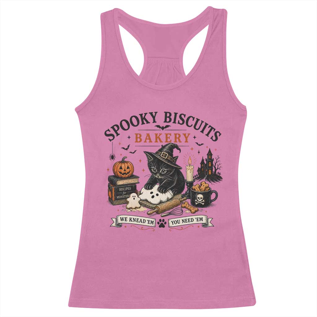 Funny Spooky Biscuits Bakery Cat Halloween Racerback Tank Top We Knead Em You Need Em Pastry Kitten Lover