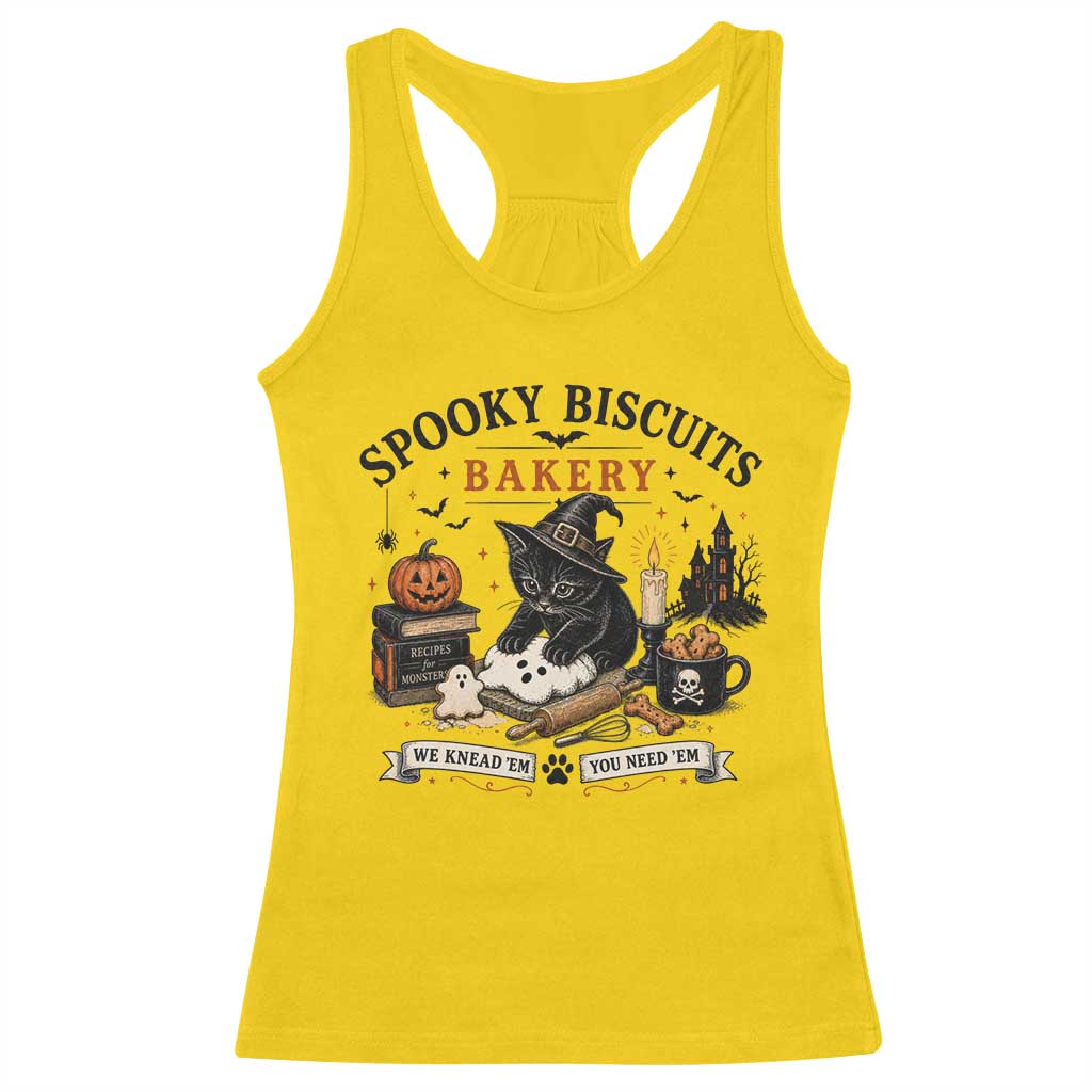 Funny Spooky Biscuits Bakery Cat Halloween Racerback Tank Top We Knead Em You Need Em Pastry Kitten Lover