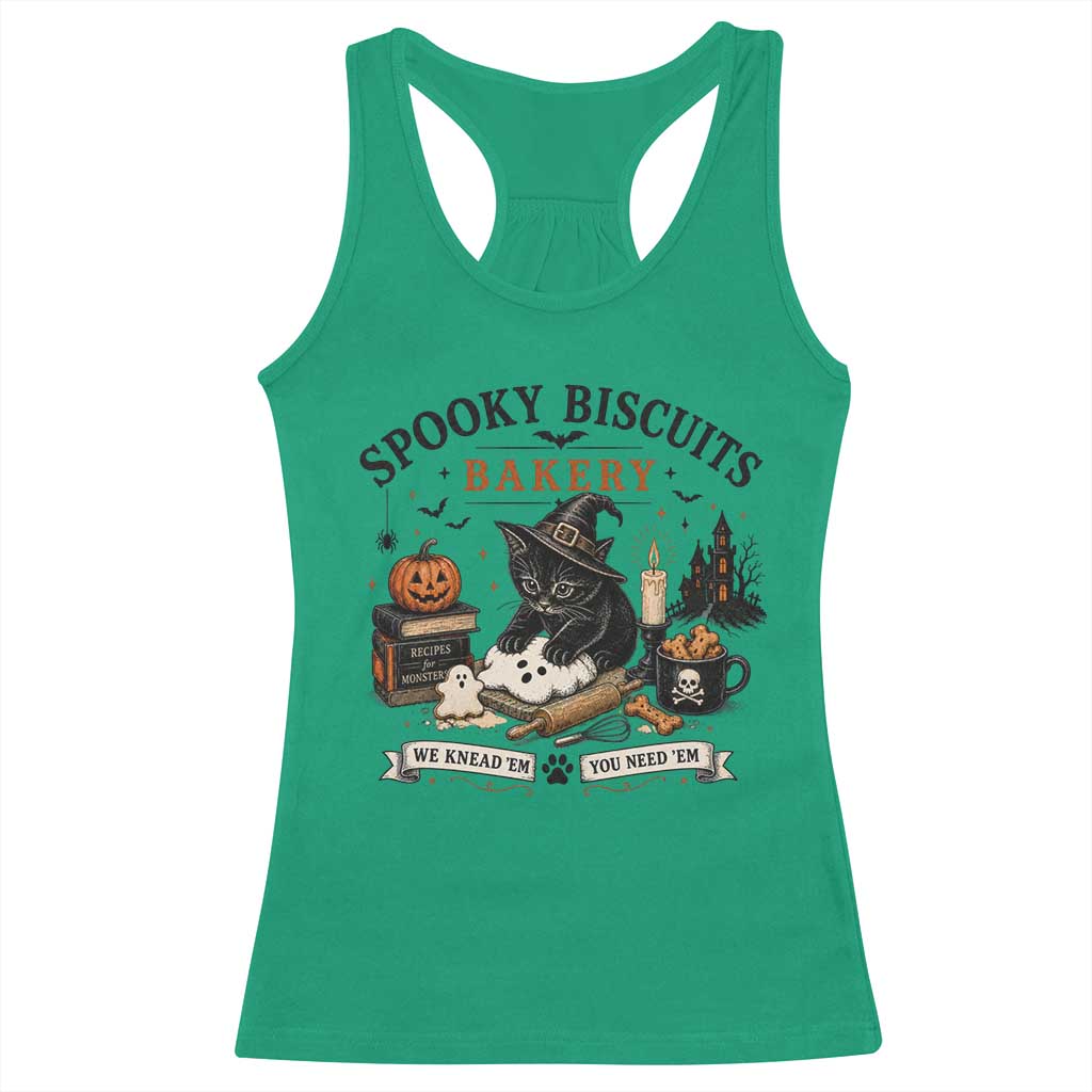 Funny Spooky Biscuits Bakery Cat Halloween Racerback Tank Top We Knead Em You Need Em Pastry Kitten Lover