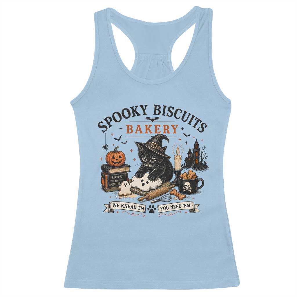 Funny Spooky Biscuits Bakery Cat Halloween Racerback Tank Top We Knead Em You Need Em Pastry Kitten Lover