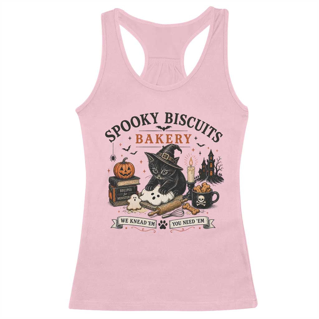 Funny Spooky Biscuits Bakery Cat Halloween Racerback Tank Top We Knead Em You Need Em Pastry Kitten Lover