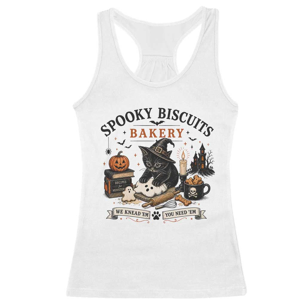 Funny Spooky Biscuits Bakery Cat Halloween Racerback Tank Top We Knead Em You Need Em Pastry Kitten Lover